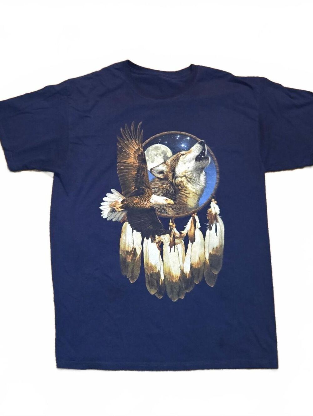 Wolf Wolves Eagle Moon Wildlife Nature Country Mens Size Medium Shirt Navy Blue